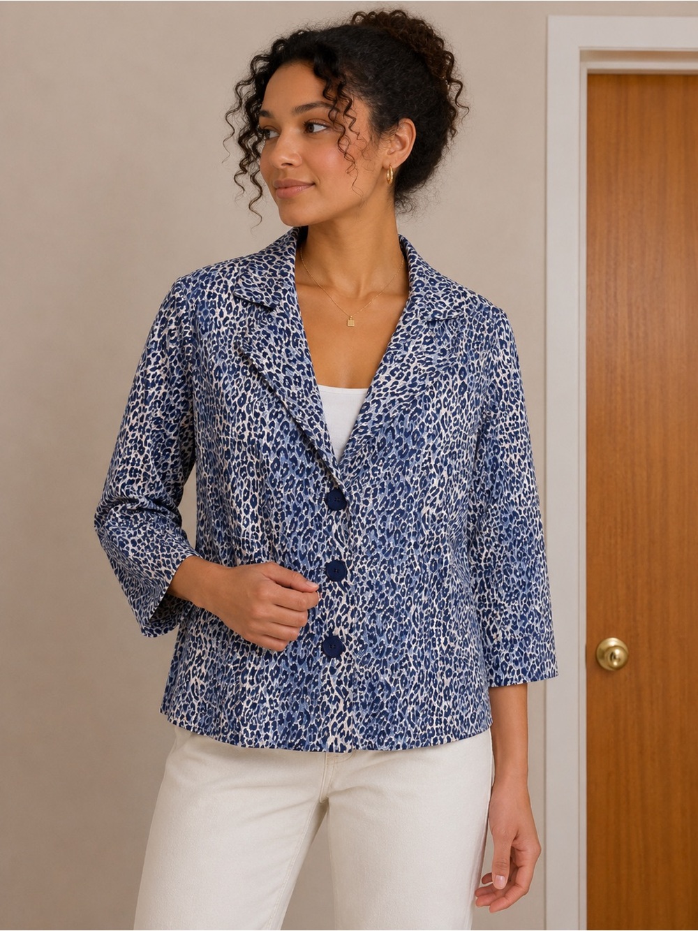 Joan Rivers Blue Animal Print Cotton Blend Blazer Jacket Women’s Size: Small